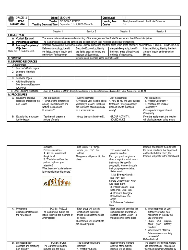Grade 11 Social Sciences Lesson Plan | PDF | Language Arts & Discipline