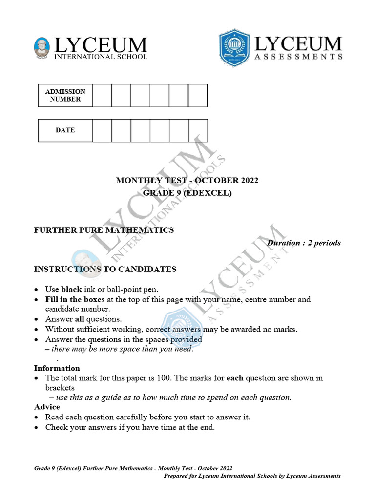 Grade 9 Further Pure Maths Test 2022 | PDF | Mathematics
