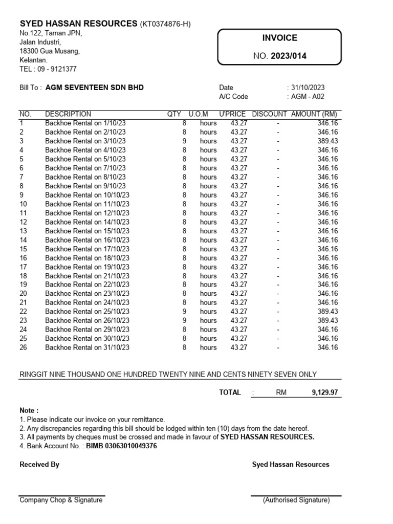 Backhoe Rental Invoice Summary | PDF