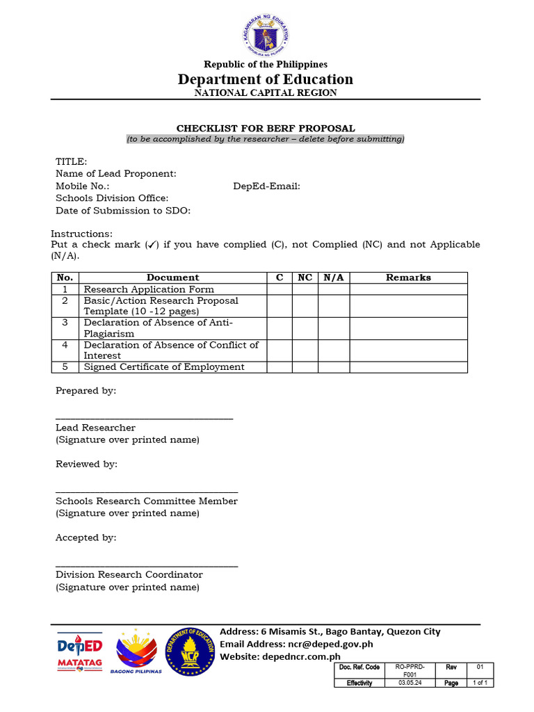1.1 - F-001 Checklist for BERF Proposal v2 | PDF