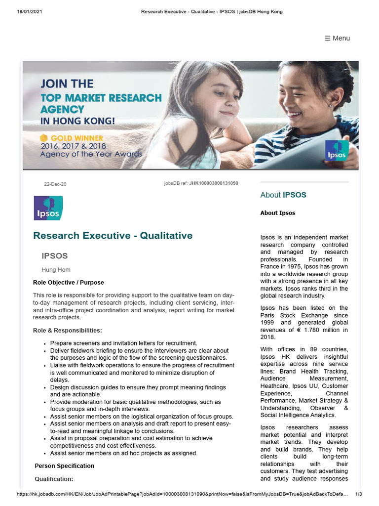 Research Executive - Qualitative - IPSOS - JobsDB Hong Kong | PDF ...