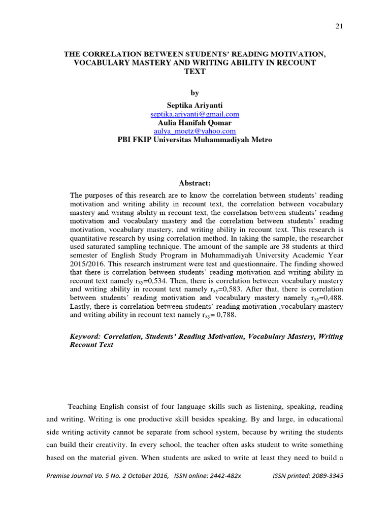 The Correlation Between Students Reading | PDF | Lexicon | Vocabulary