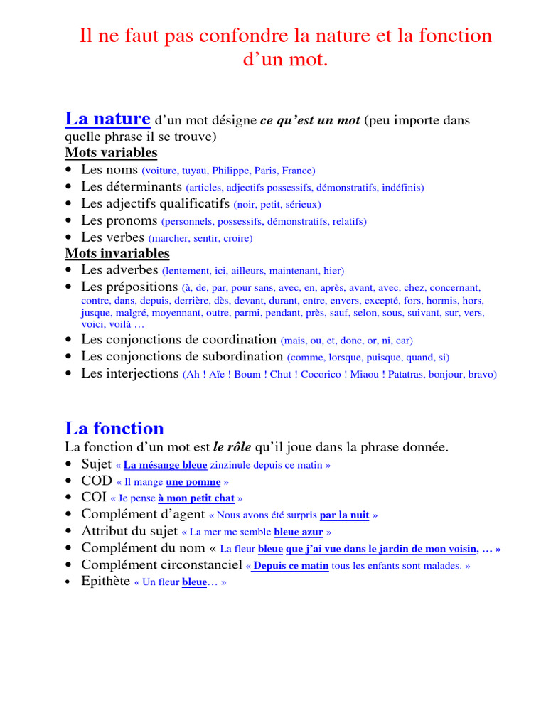 Nature et fonction des mots en français | PDF