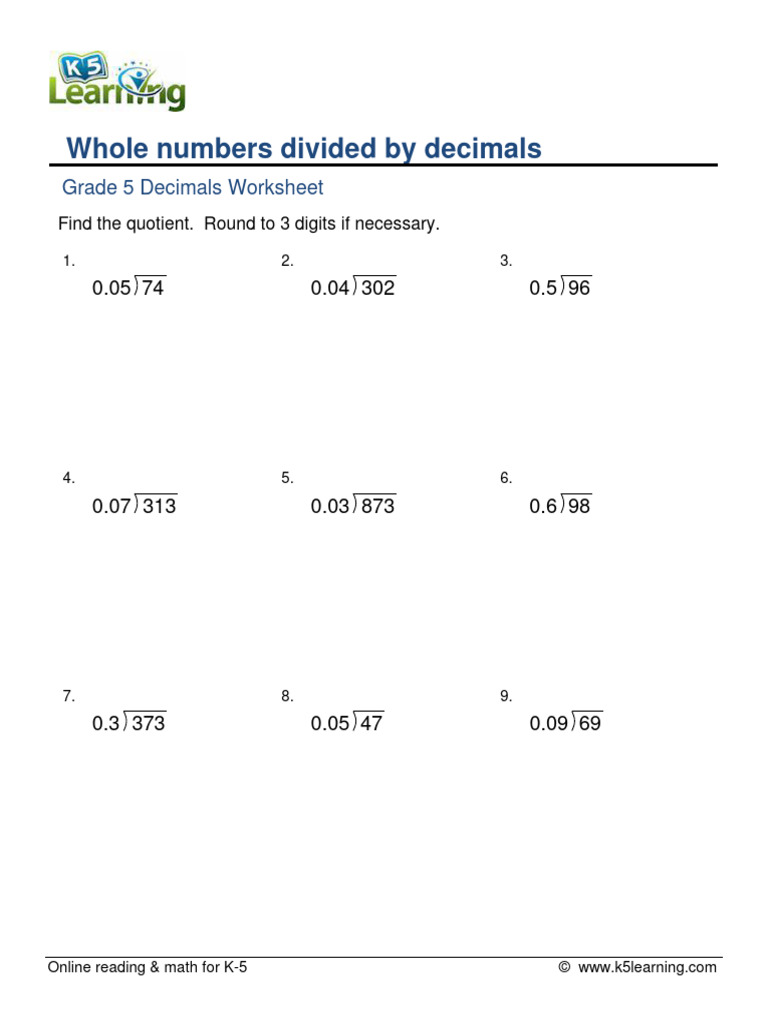 Grade 5 decimals worksheet whole numbers divided by decimals pdf