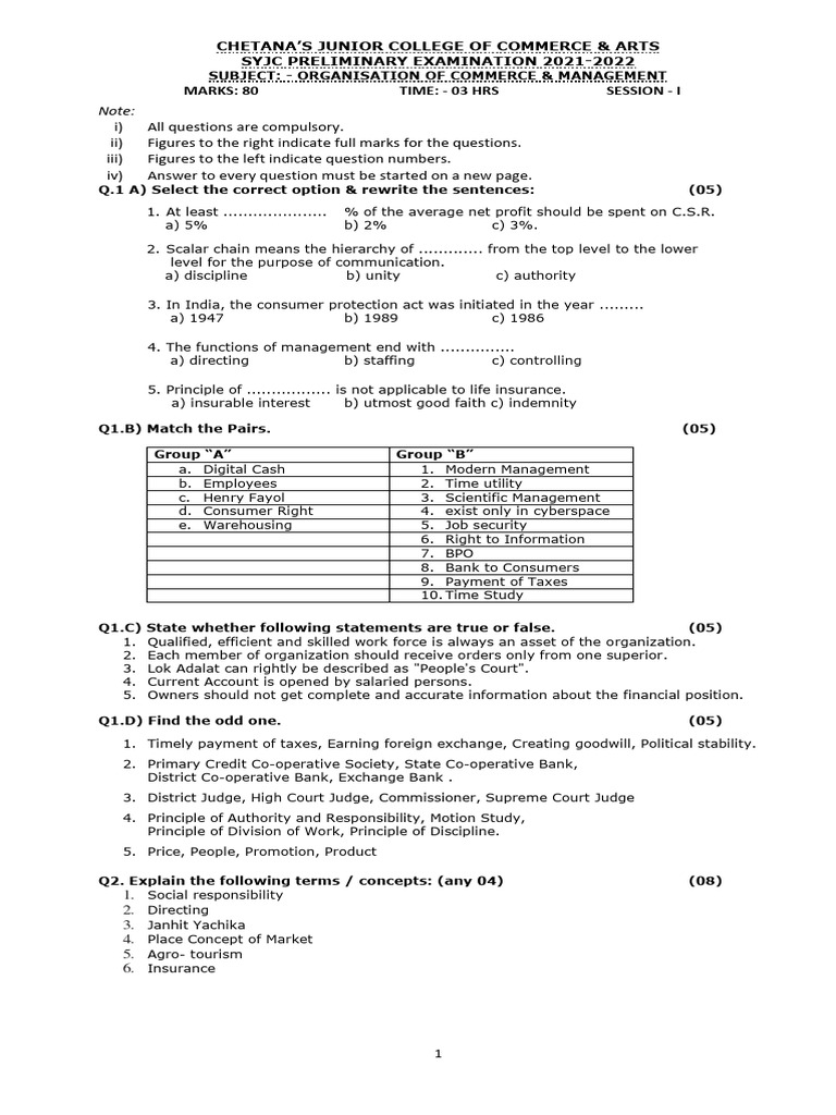 SYJC Commerce & Management Exam 2021 | PDF | Employment | Private Sector