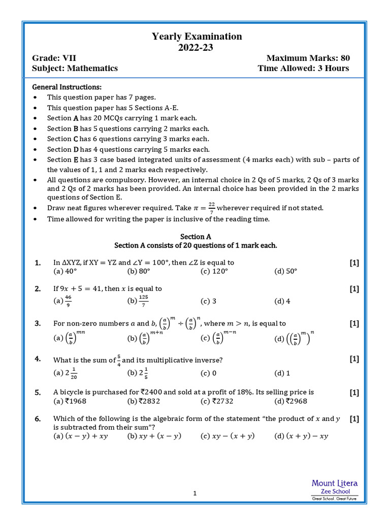 Class 7 Mathematics Yearly Exam Paper | PDF