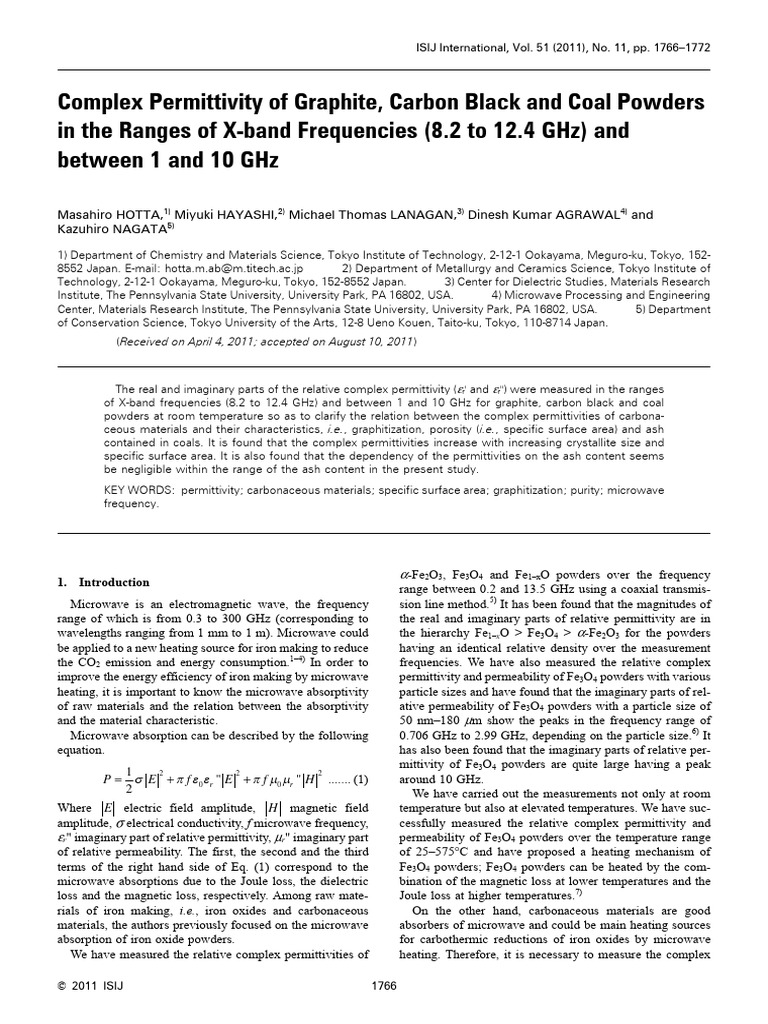 Complex permittivity of graphite carbon black and coal powders in the