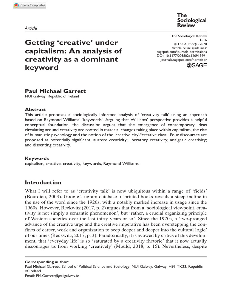 Garrett, P. M. (2021) - Getting Creative'Under Capitalism An Analysis ...
