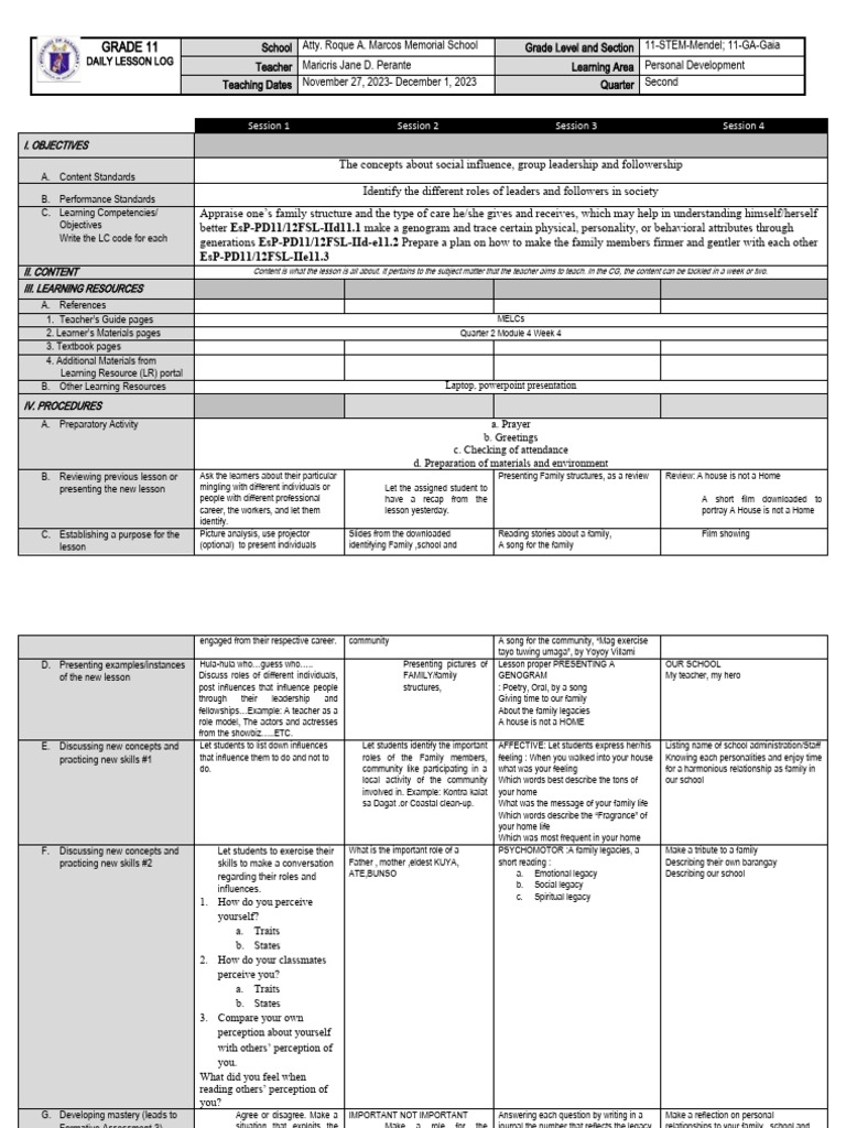 Grade 11 Personal Development Lesson Plan | PDF | Learning | Teachers