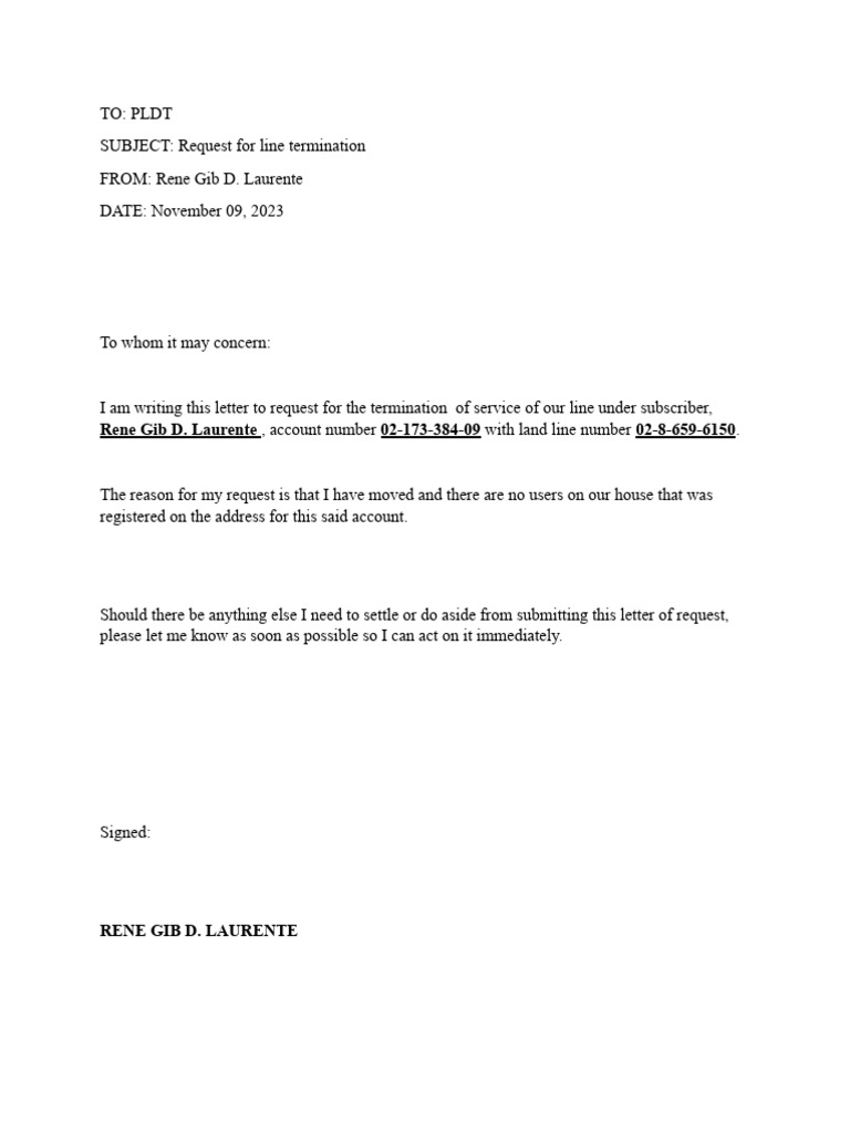 Letter of Termination PLDT PDF
