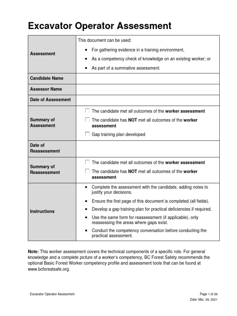 Excavator Operator Competency Assessment | PDF | Technology & Engineering