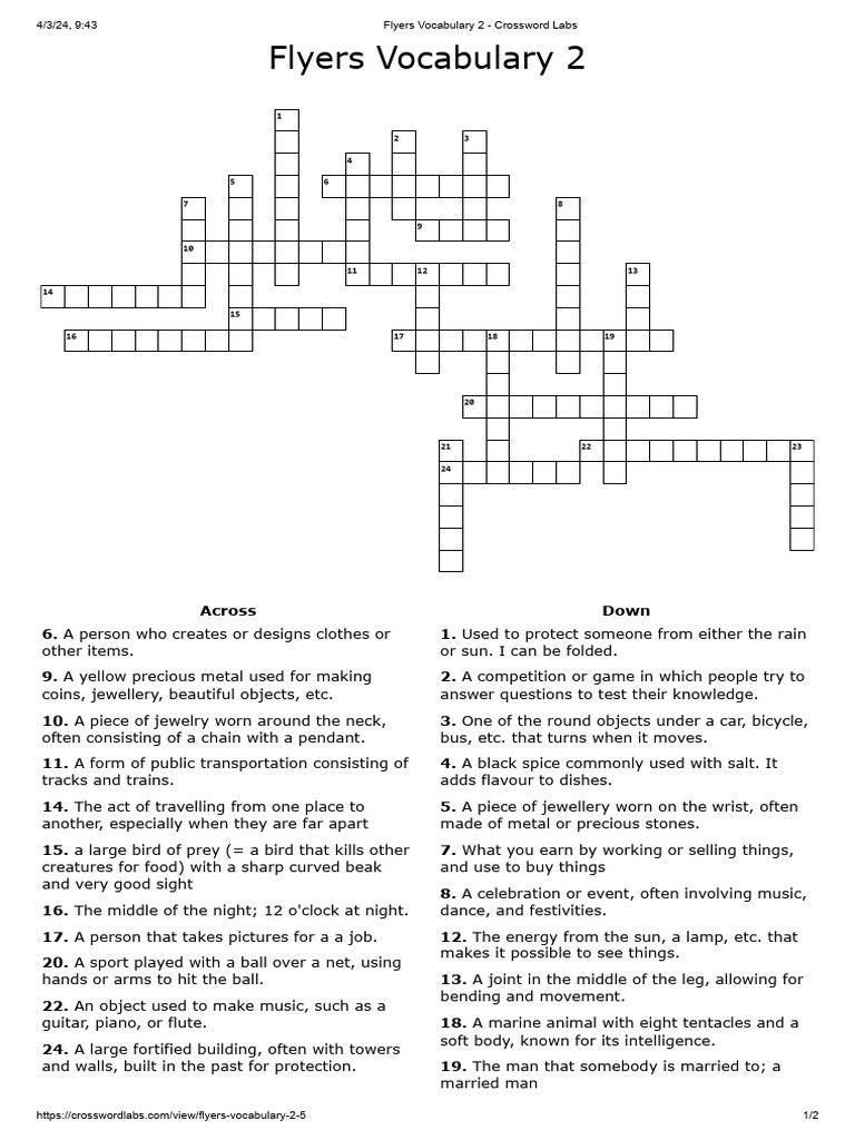 Flyers Vocabulary Crossword Puzzle | PDF
