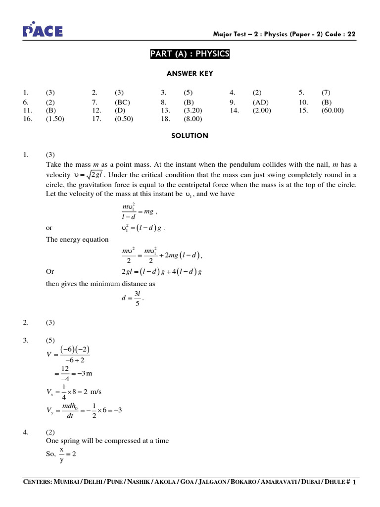 Physics Major Test 2 Answer Key | PDF | Force | Mass