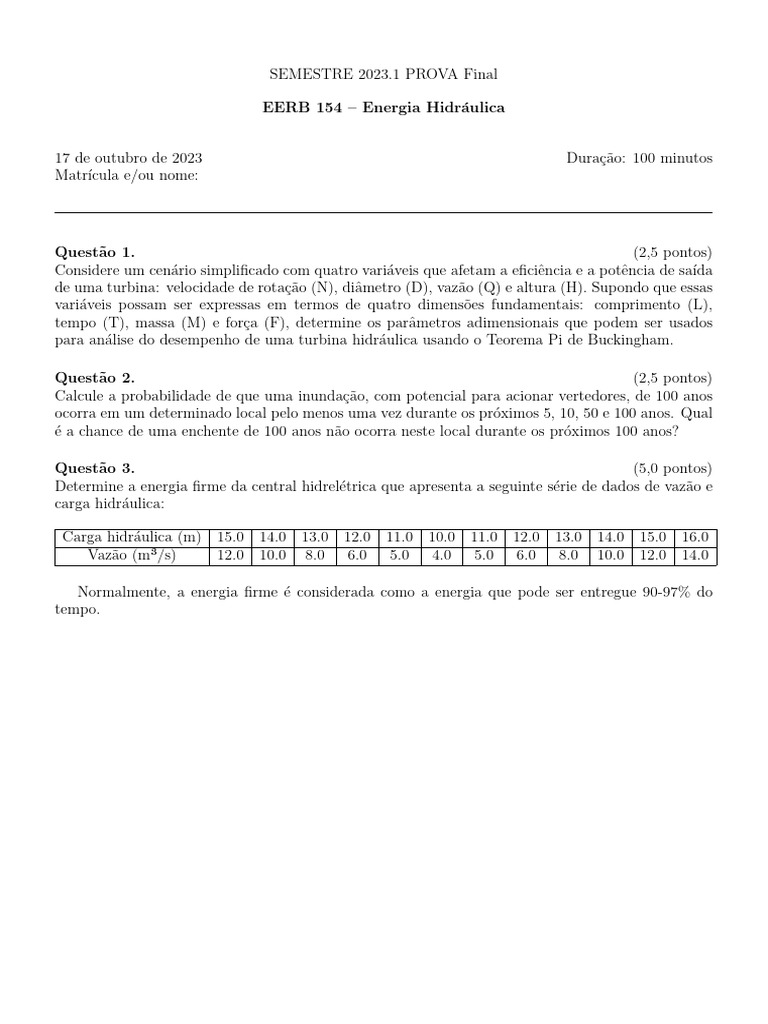 Prova Final EERB 154: Energia Hidráulica | PDF | Ciências e Matemática