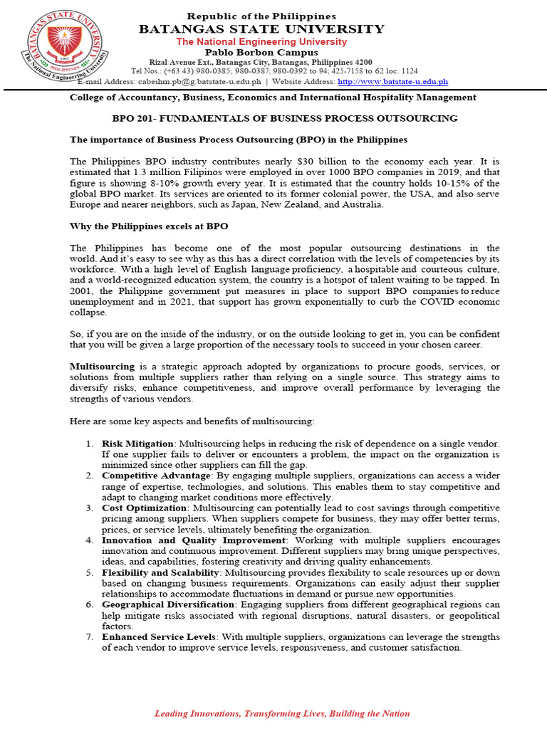 BPO 201 Lectures | PDF | Outsourcing | Offshoring