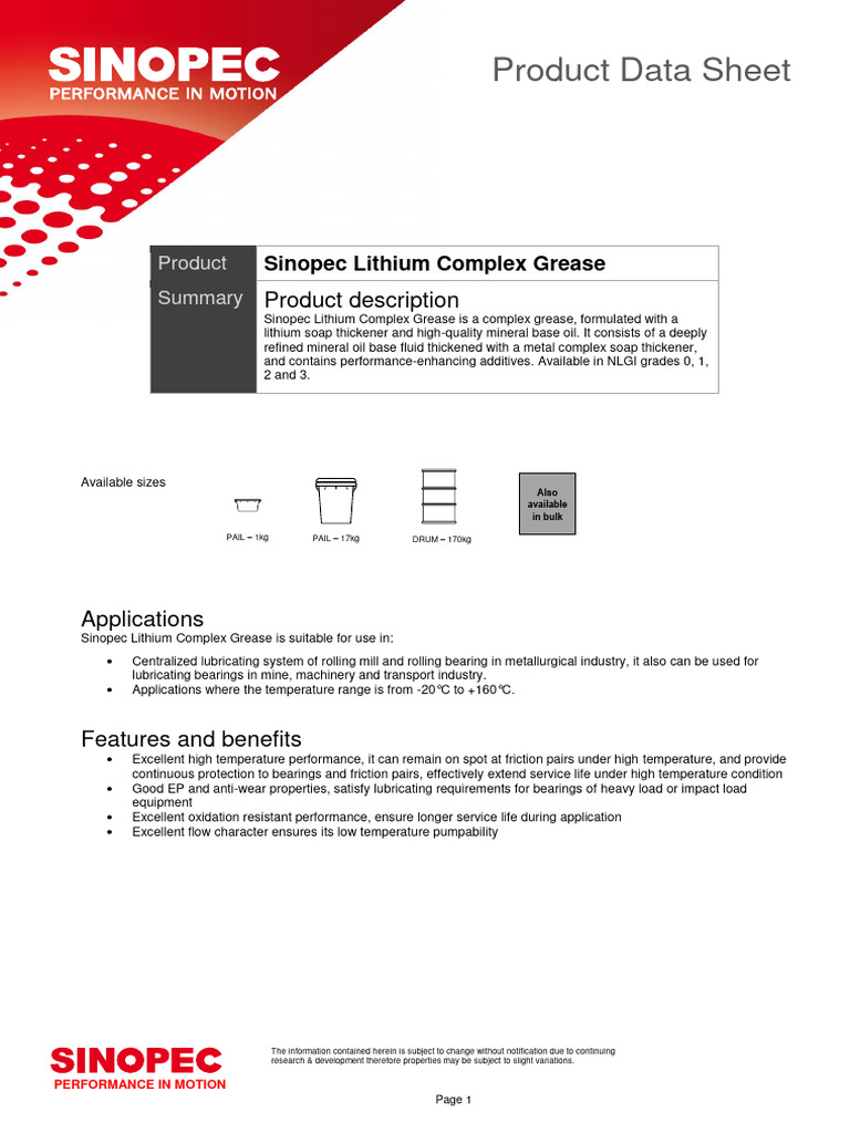 Sinopec Lithium Complex Grease Data Sheet | PDF | Lubricant | Secondary ...