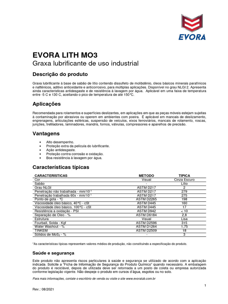 Graxa Lubrificante Industrial EVORA LITH MO3 | PDF | Substancias ...