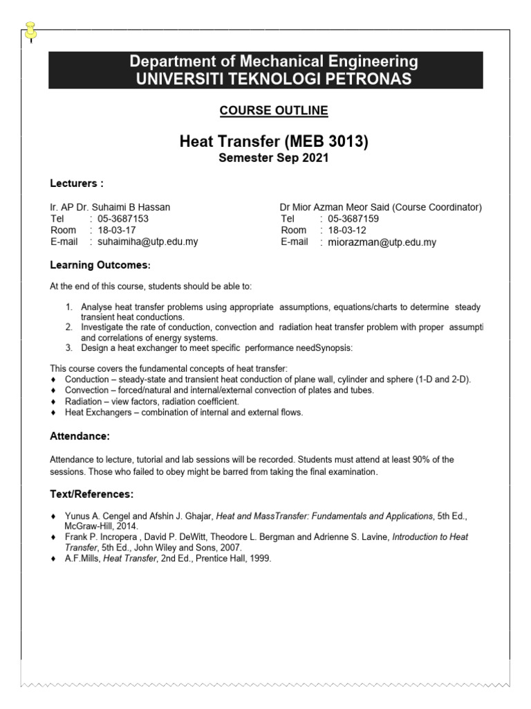 Course Outline MEB 3013 Sep 2021 | PDF | Thermal Conduction | Heat Transfer