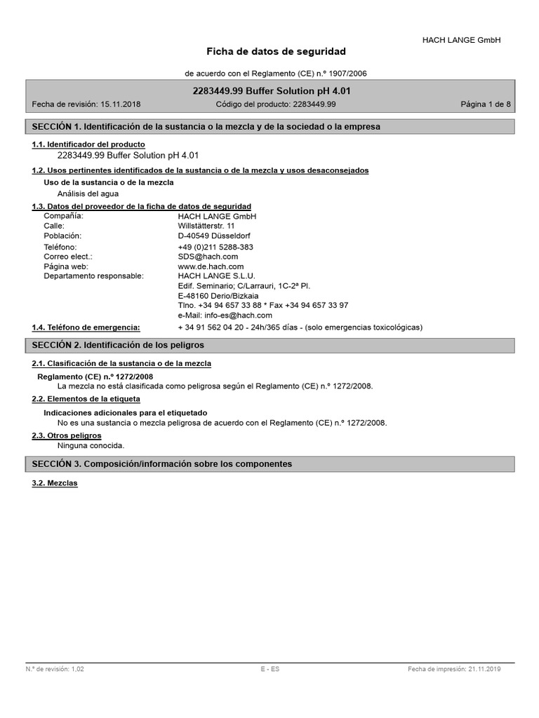 MSDS Solucion Buffer PH 4 Hach PDF Solvente Toxicidad