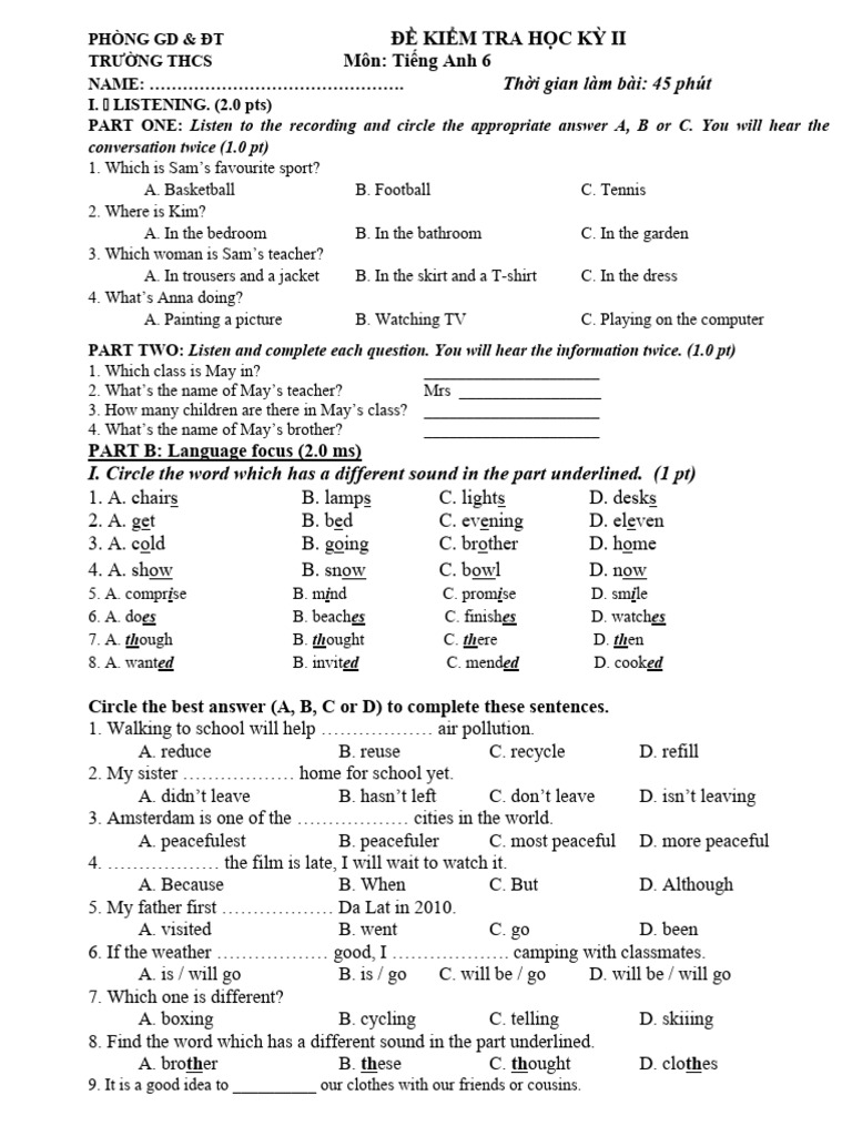 ĐỀ GIỮA HKII ANH 6 | PDF | Reuse | Recycling