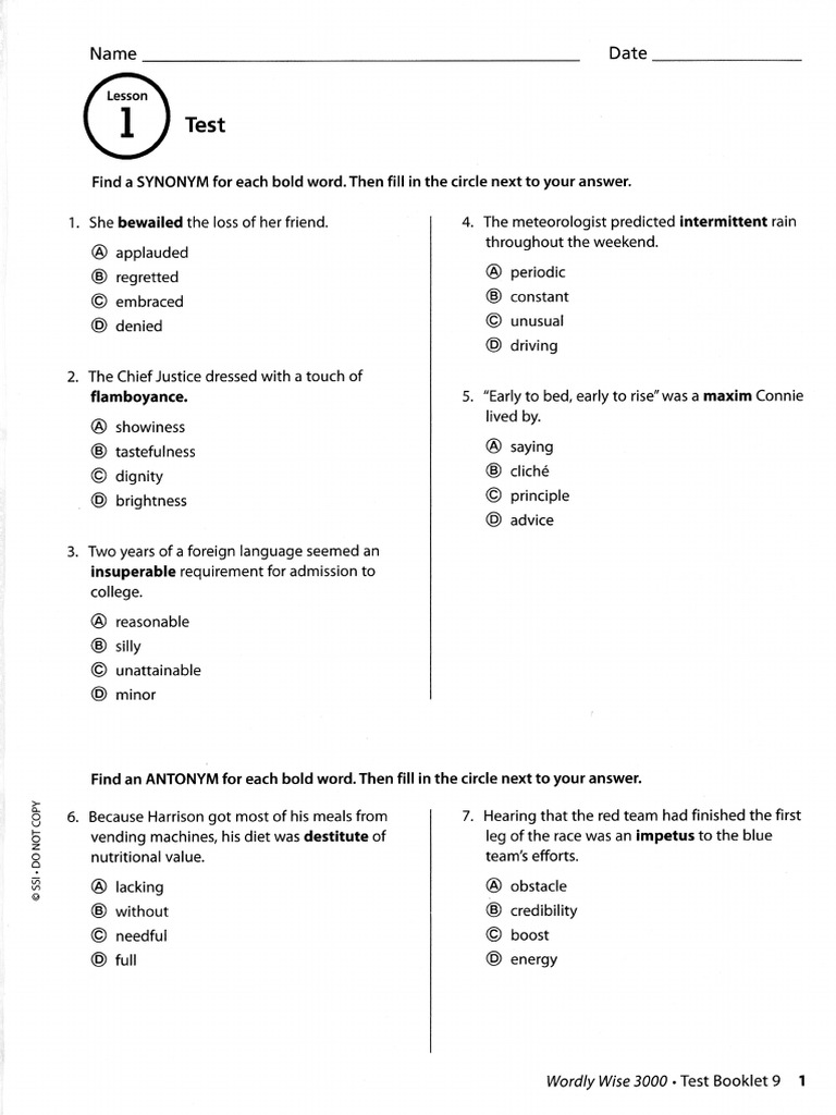Wordly Wise 3000, Book 9 Test Booklet | PDF