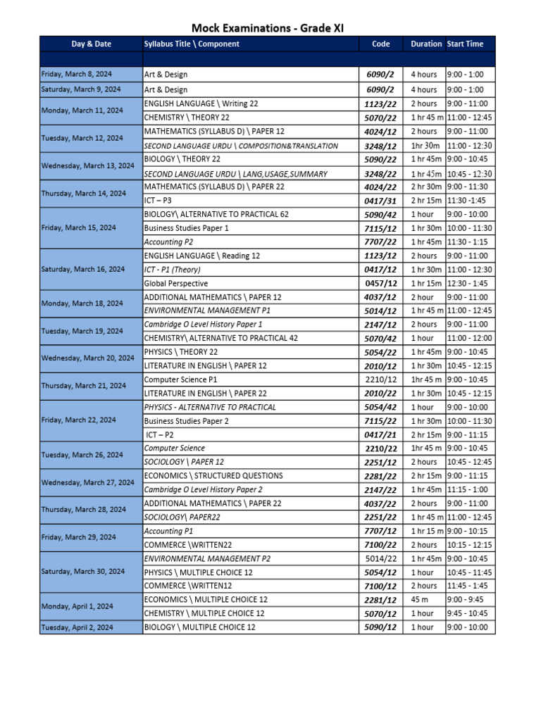 2024 Mock Exam Schedule for Students | PDF | Science