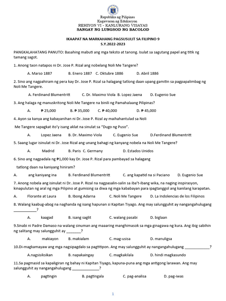 Ikaapat Na Markahang Pagsusulit Sa Filipino 9 | PDF
