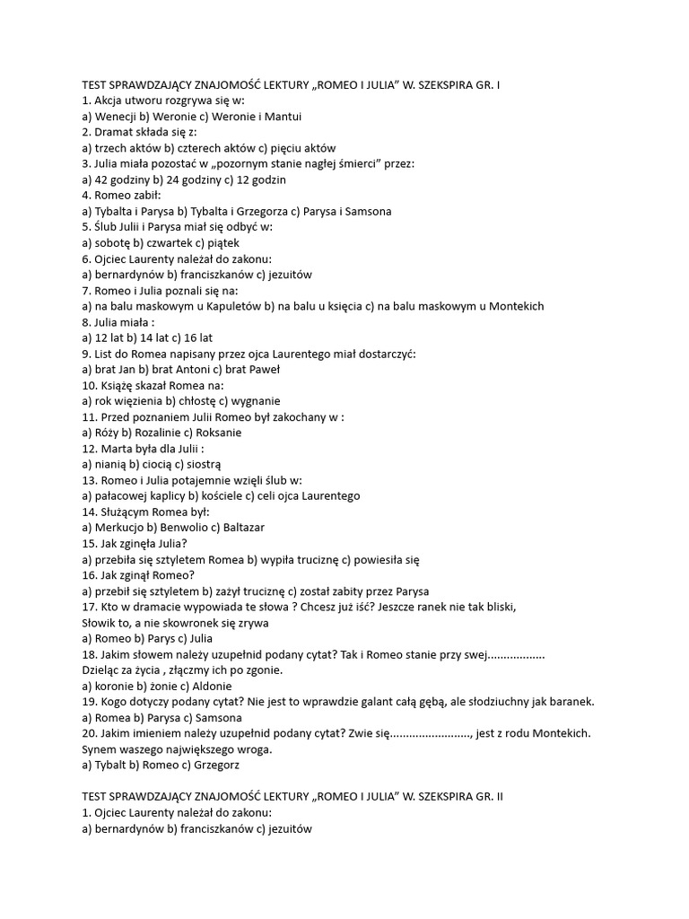 Romeo I Julia Test Online Romeo i Julia test | PDF
