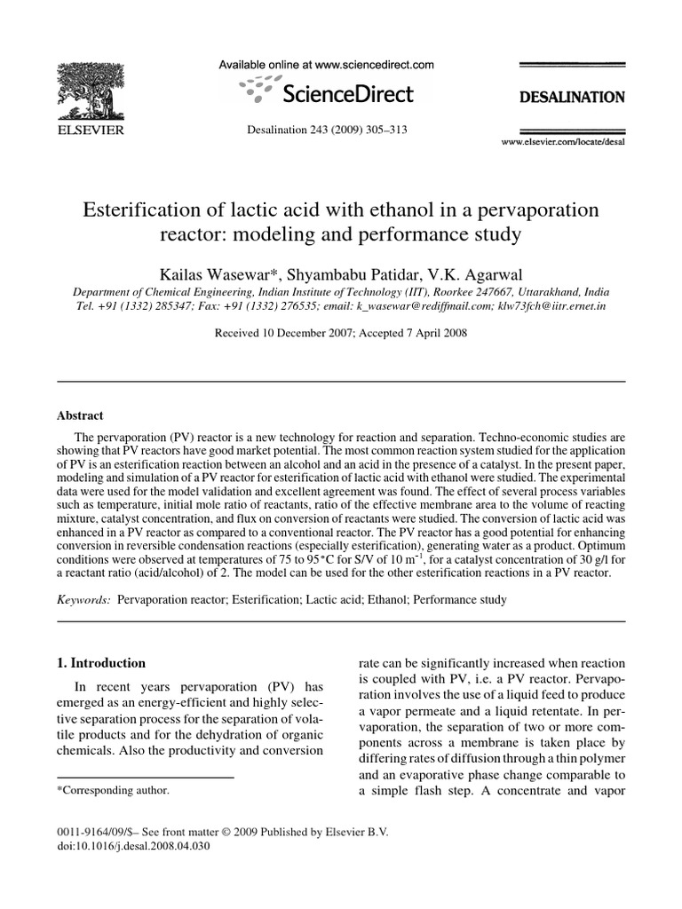 Esterification of Lactic Acid With Ethanol in A Pervaporation | PDF ...