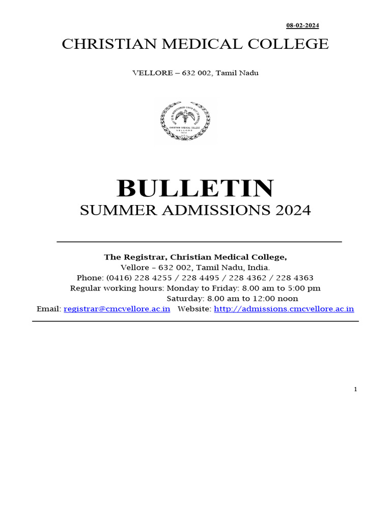 Cmc vellore summer admission bulletin 2024 pdf