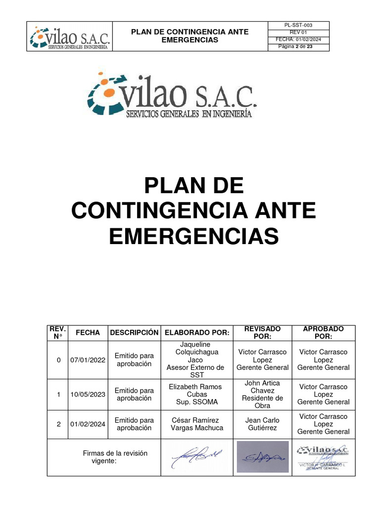 PL-SST-002 Plan de Contingencia Ante Emergencias - VILAO 2024 | PDF