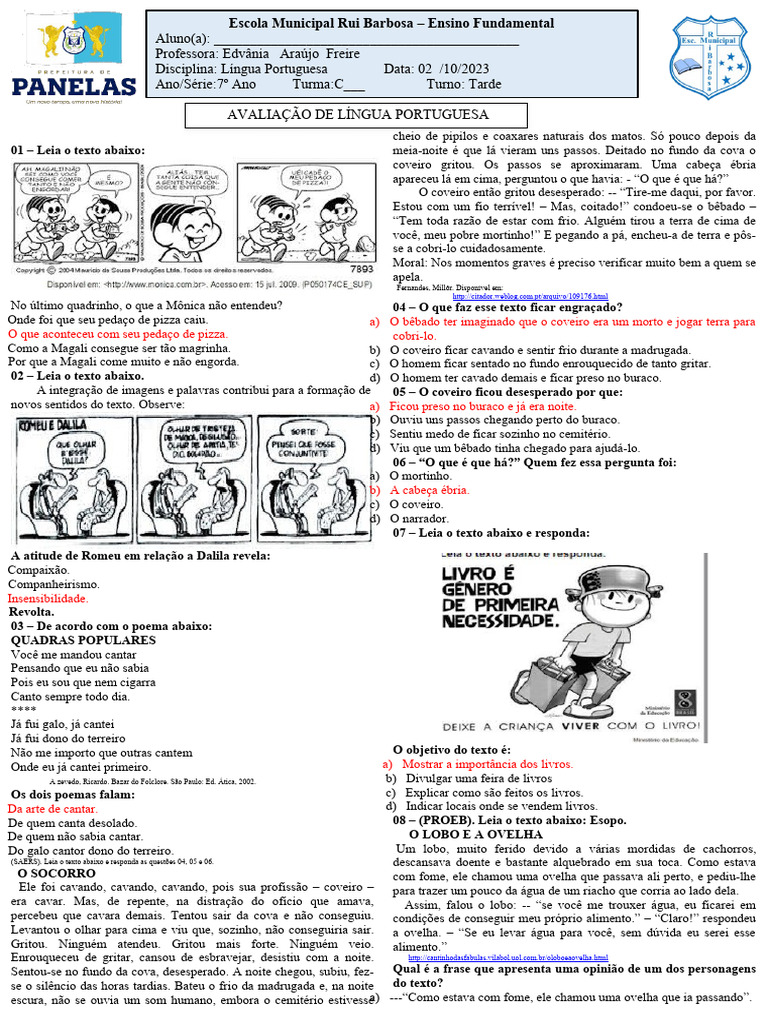 Simulado de Português 7º Ano com Gabarito | PDF