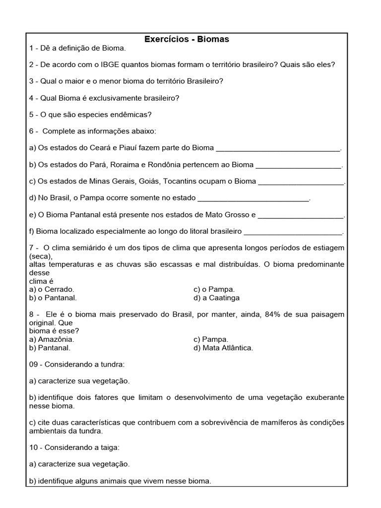 Exercícios sobre Biomas Brasileiros | PDF | Florestas | Geografia Física