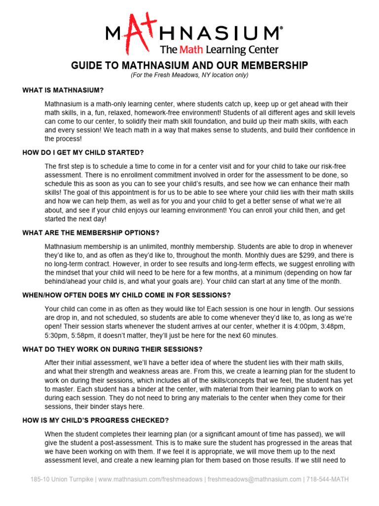 Fresh Meadows Mathnasium Membership Guide | PDF | Learning | Cognitive ...