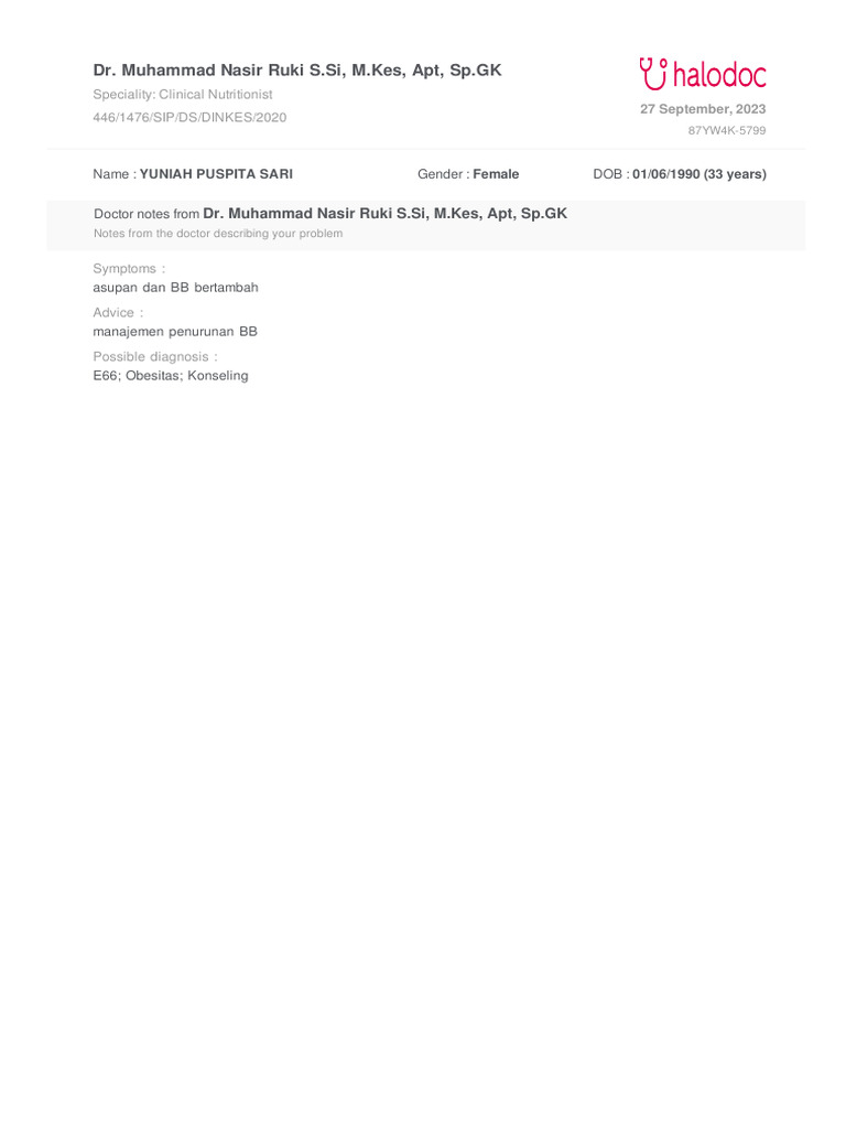 Invoice Notes for Patient Yuniah Sari | PDF | Self-Improvement | Wellness