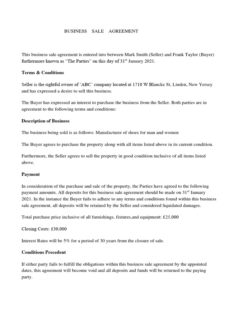 Business Sale Agreement Template | PDF | Sales | Contractual Term