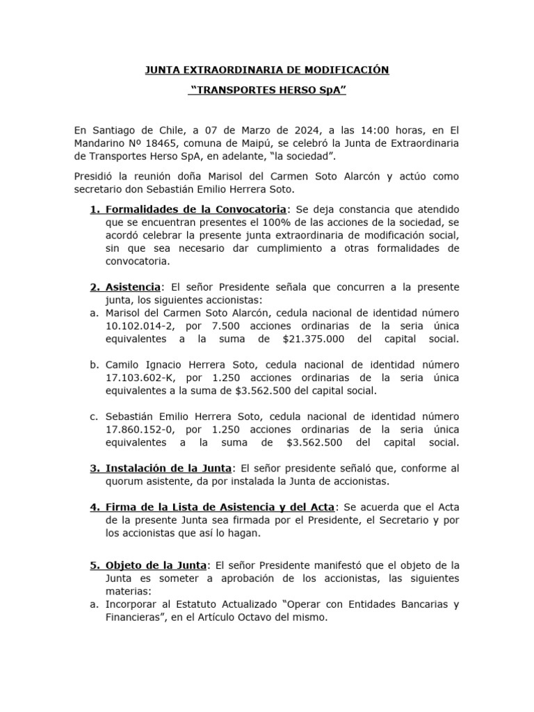 Junta Extraordinaria de Transportes Herso | PDF | Bancos | Economias