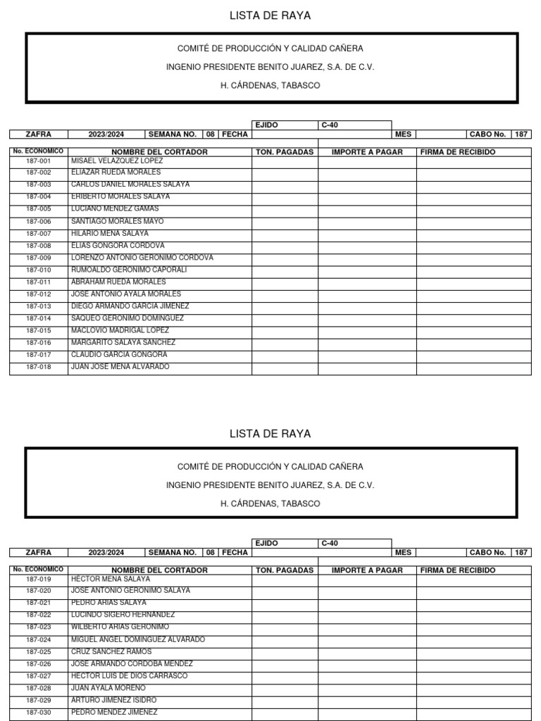 Lista de Raya Zafra 2023/2024 | PDF