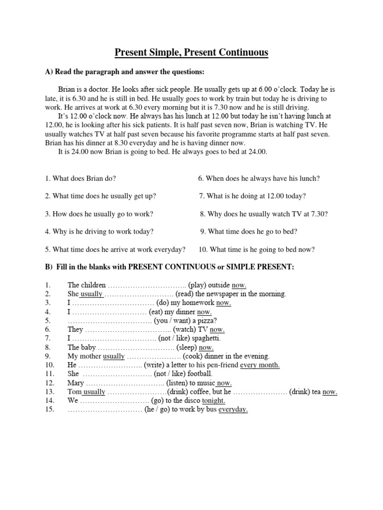 Present Simple vs. Present Continuous Exercises | PDF | Cooking, Food ...