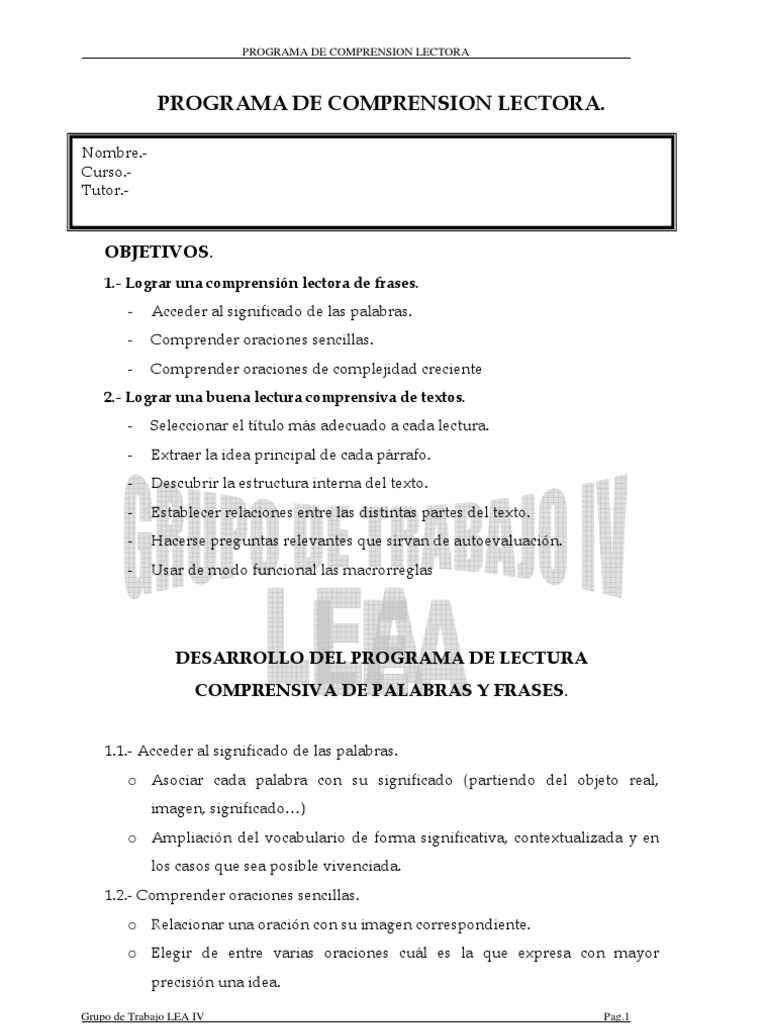 Programa de Comprension Lectora | PDF | Lectura (proceso) | Grupo de ...