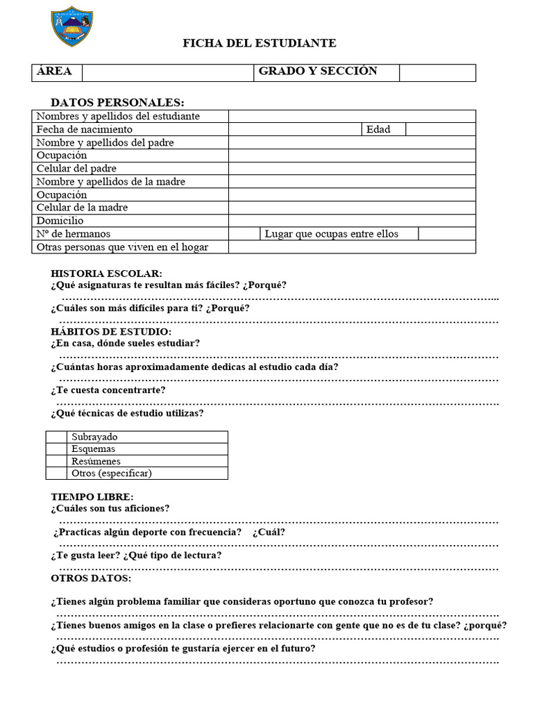 Ficha Del Alumno para Tutoría | PDF