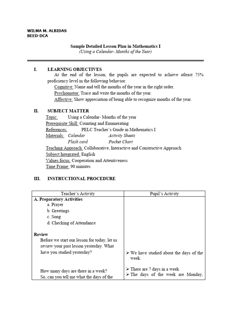 Sample Lesson Plan in Mathematics Beed | PDF