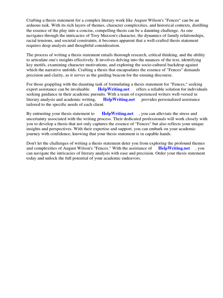 Thesis Statement Fences August Wilson PDF Fences (Play)