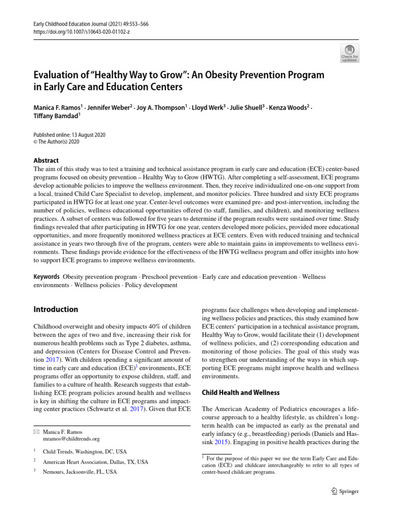 Evaluation of "Healthy Way To Grow": An Obesity Prevention Program in ...