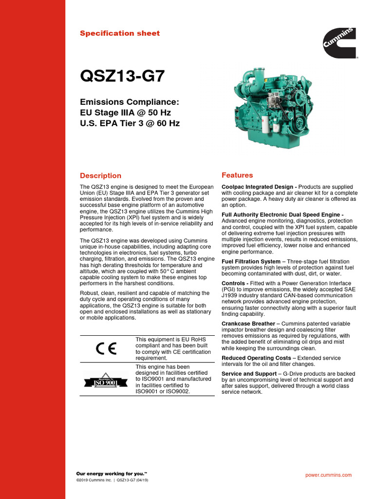 QSZ13-G7 Engine Specifications | PDF | Engines | Horsepower