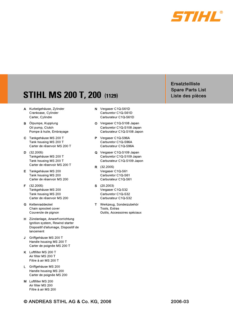 Liste de pièces STIHL MS 200 T | PDF | Ingénierie mécanique | Propulsion