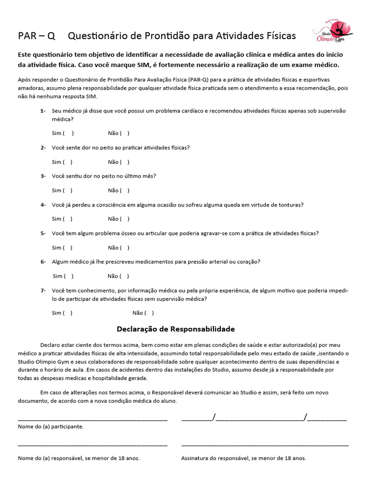 Questionário de Saúde Modelo | PDF | Dor | Coração