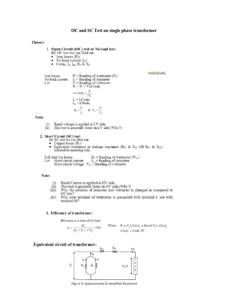OC and SC Test On Single Phase Transformer | PDF | Transformer ...