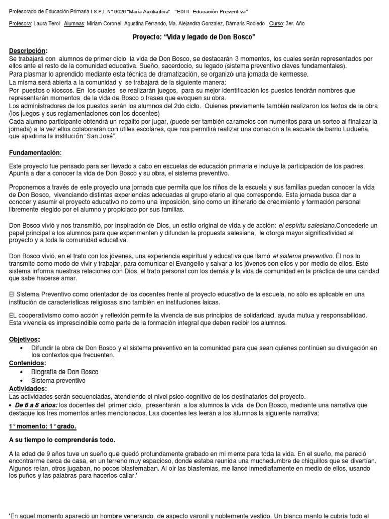 Proyecto Vida Y Obra De Don Bosco Pdf Educación Primaria