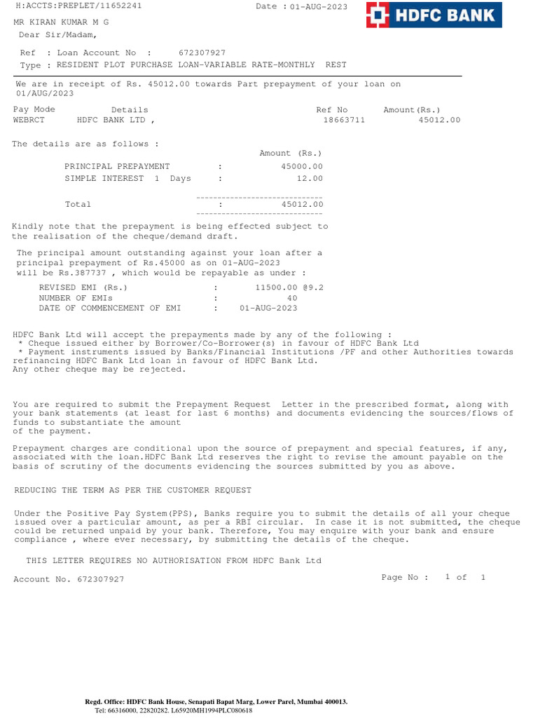 HDFC Home Loan Prepayment Request Guide | PDF | Banks | Cheque